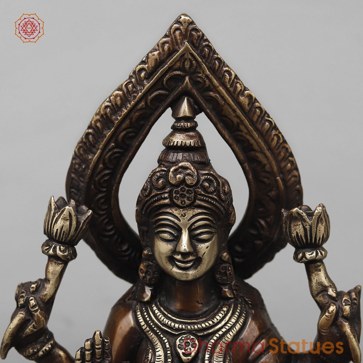 Brass Lakshmi Seated on Elephants Fine, Antique Copper Finish 9.5”