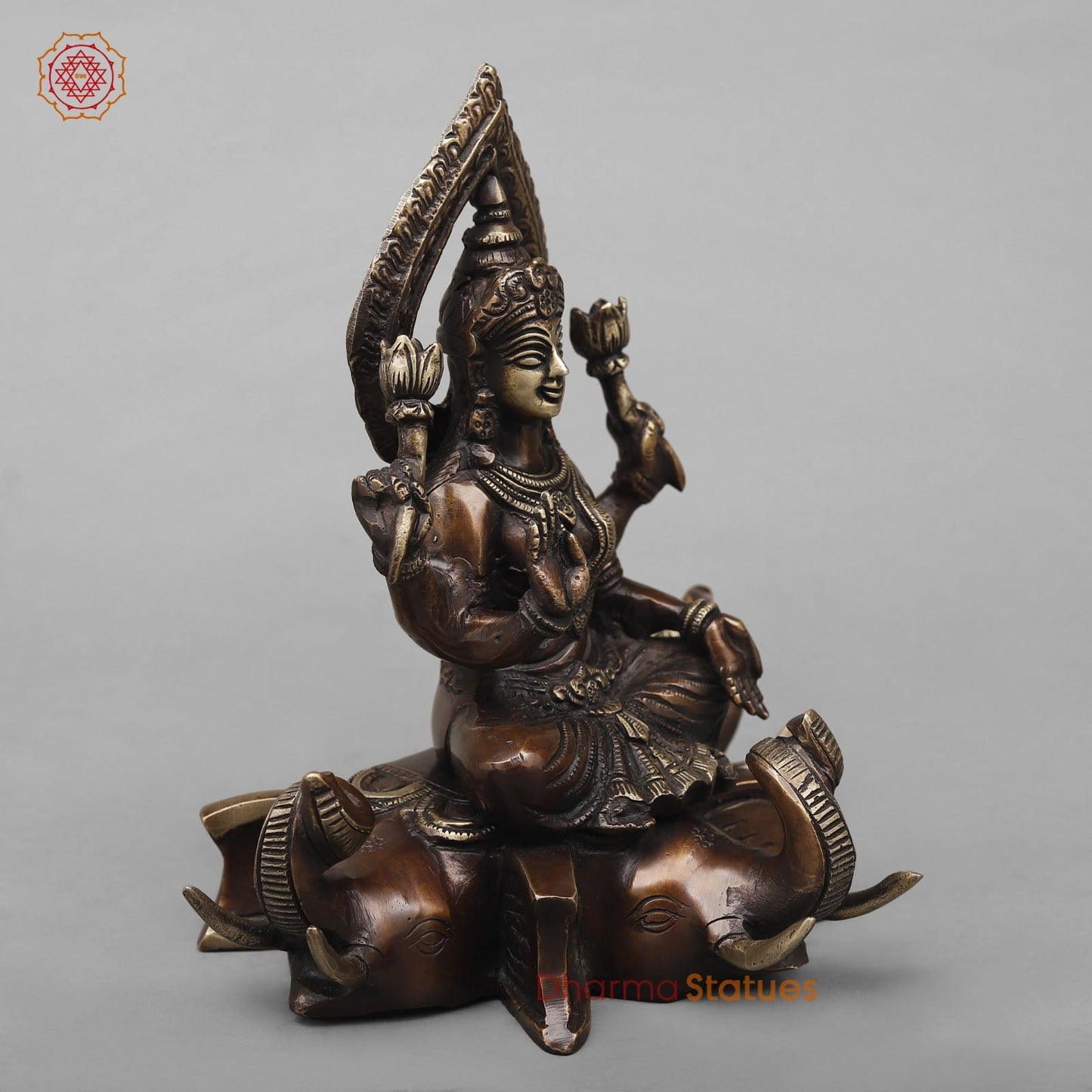 Brass Lakshmi Seated on Elephants Fine, Antique Copper Finish 9.5”