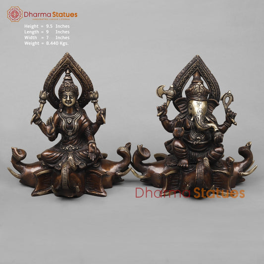 Brass Lakshmi Ganesh Seated on Elephants Fine, Antique Copper Finish 9.5”
