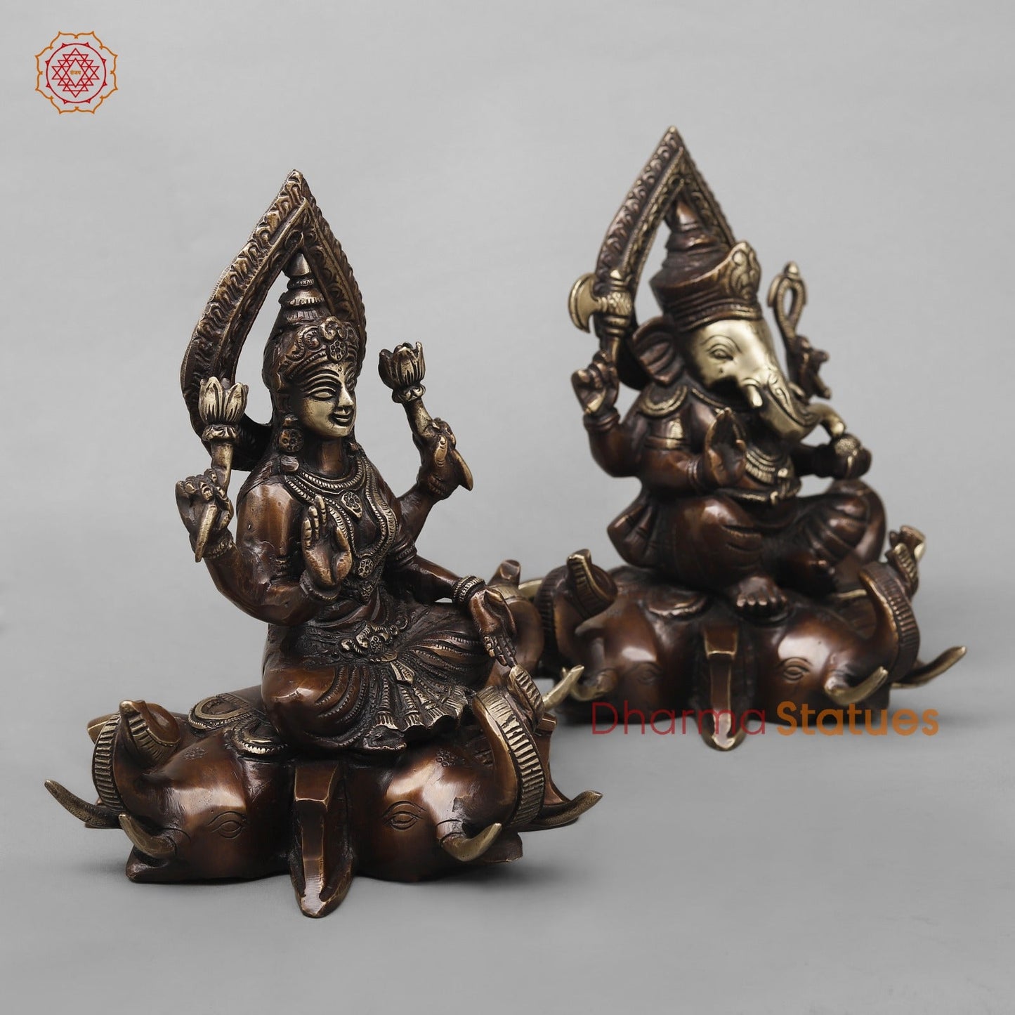 Brass Lakshmi Ganesh Seated on Elephants Fine, Antique Copper Finish 9.5”