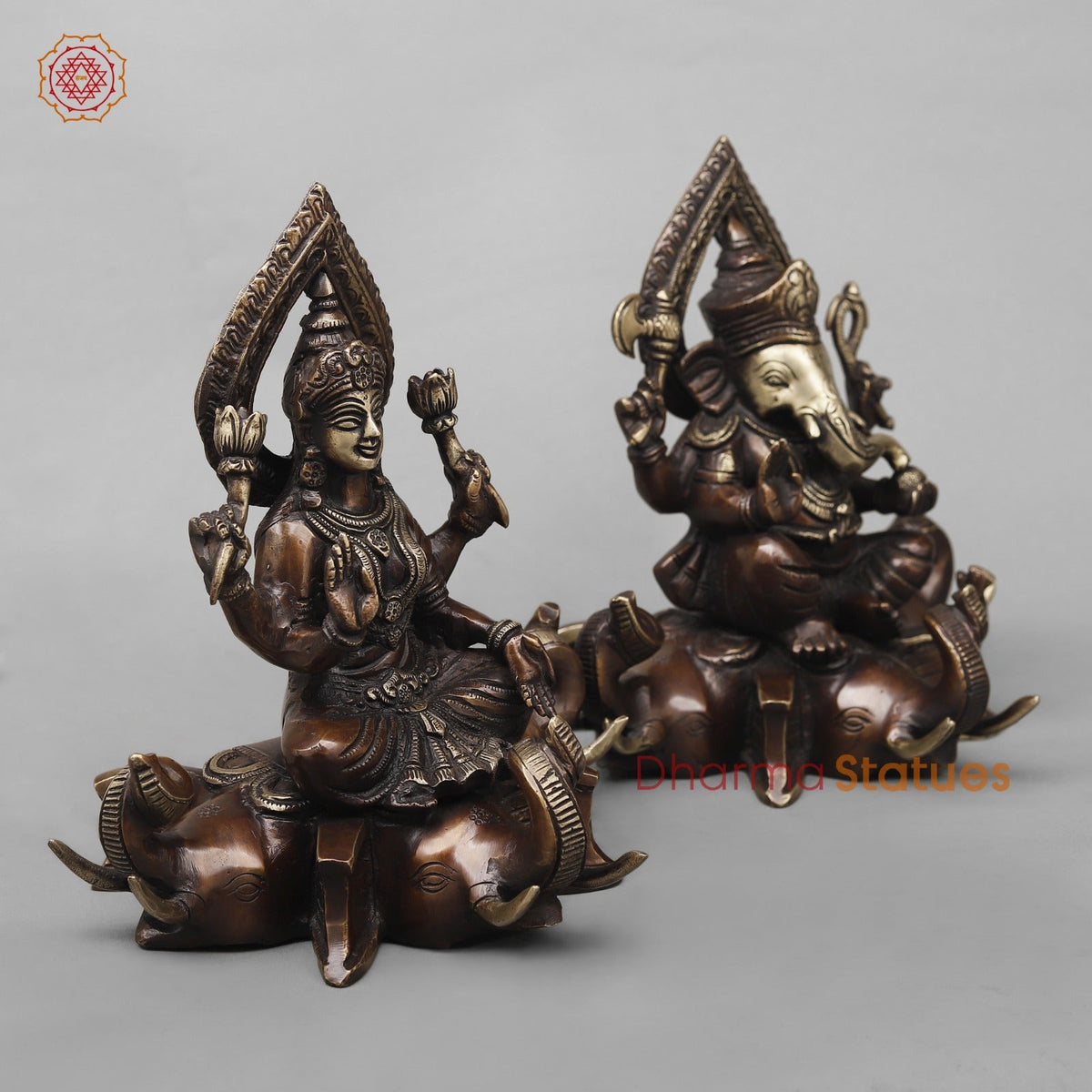 Brass Lakshmi Ganesh Seated on Elephants Fine, Antique Copper Finish 9.5”