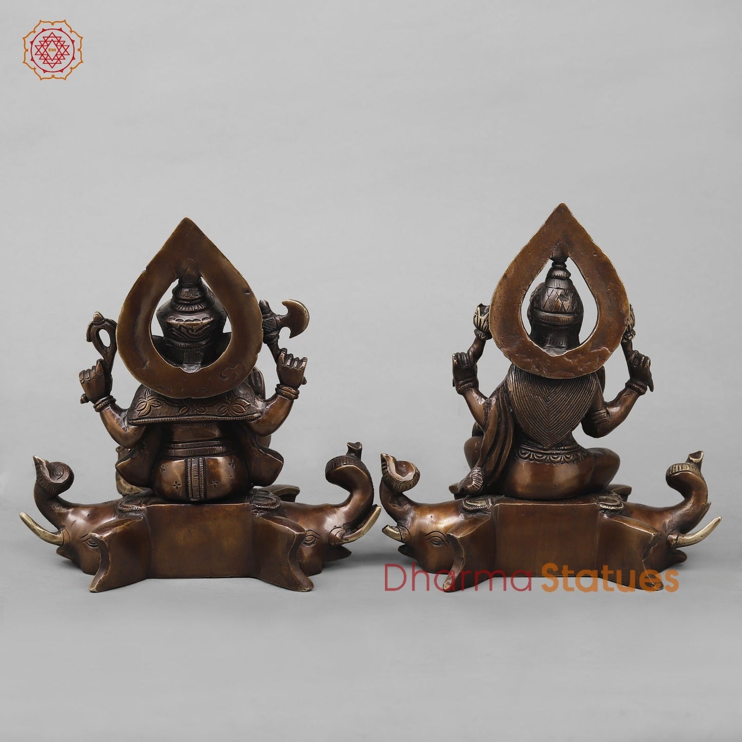 Brass Lakshmi Ganesh Seated on Elephants Fine, Antique Copper Finish 9.5”