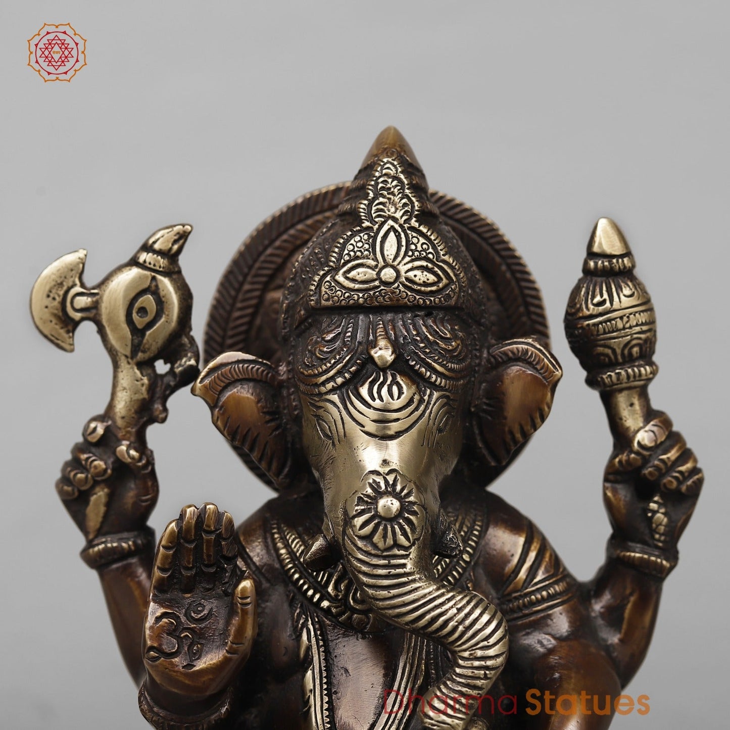 Brass Ganesh Seated on Rat Fine, Antique Copper Finish 9.5”