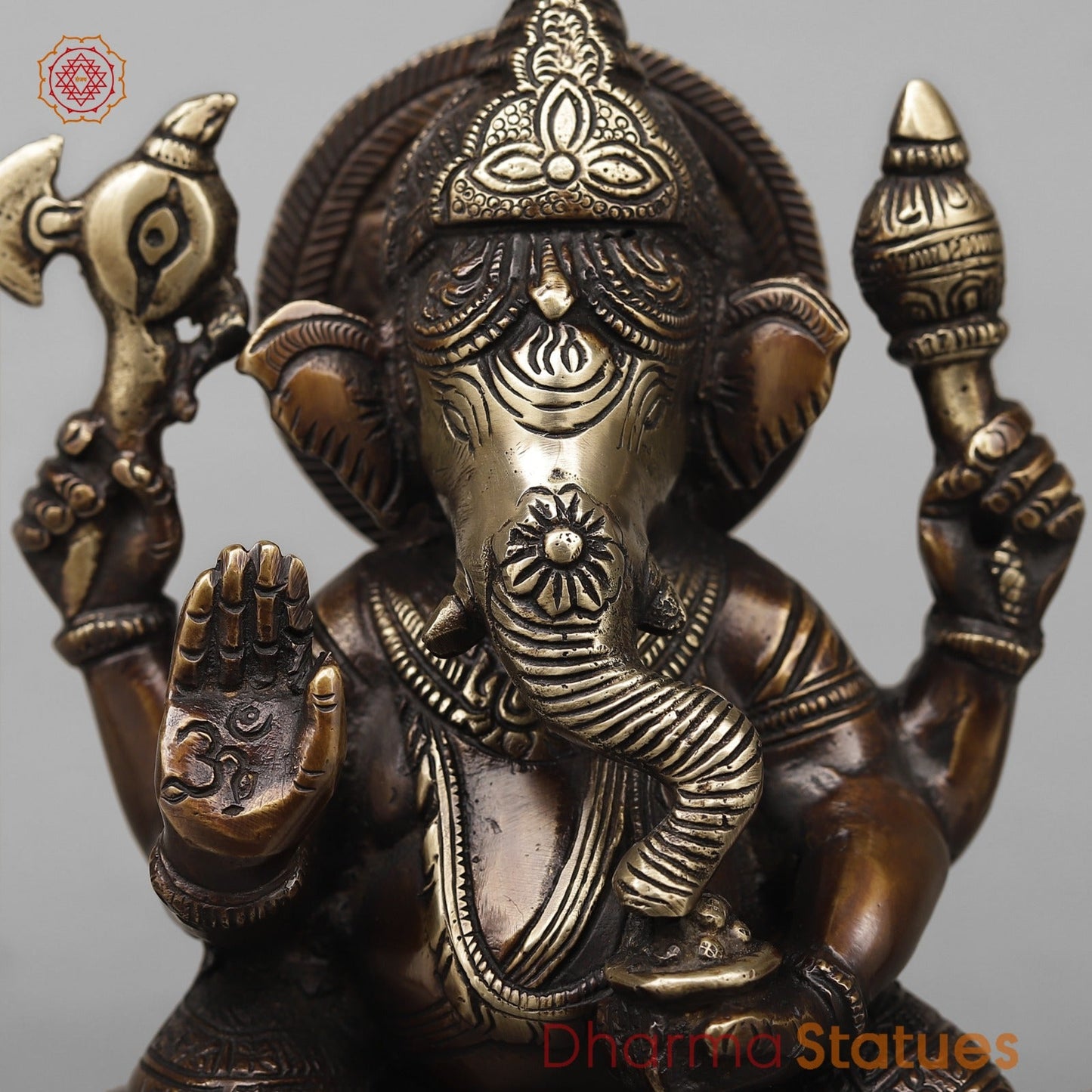 Brass Ganesh Seated on Rat Fine, Antique Copper Finish 9.5”