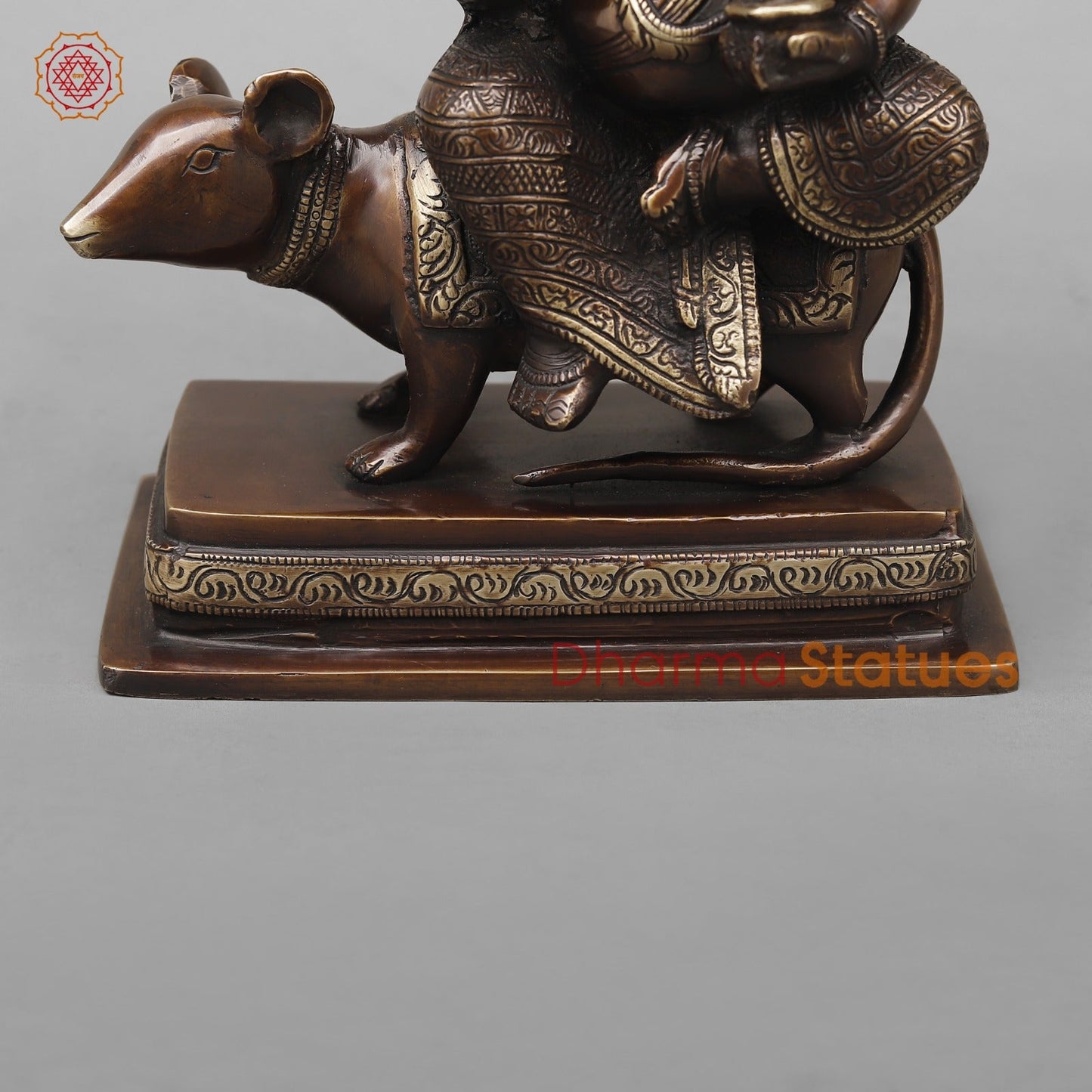 Brass Ganesh Seated on Rat Fine, Antique Copper Finish 9.5”