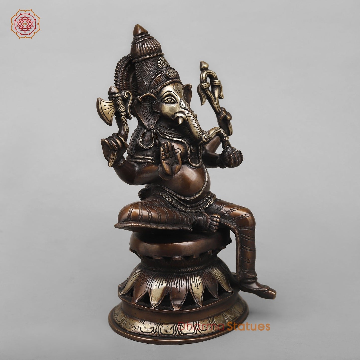 Brass Ganesh Seated Fine, Antique Copper Finish 12”