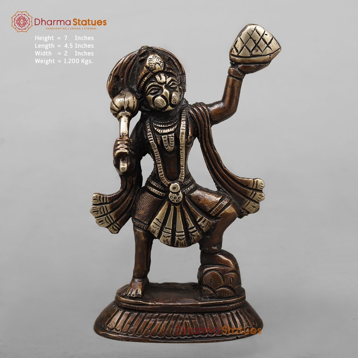 Brass Hanuman Ji Standing Fine, Antique Copper Finish 7”