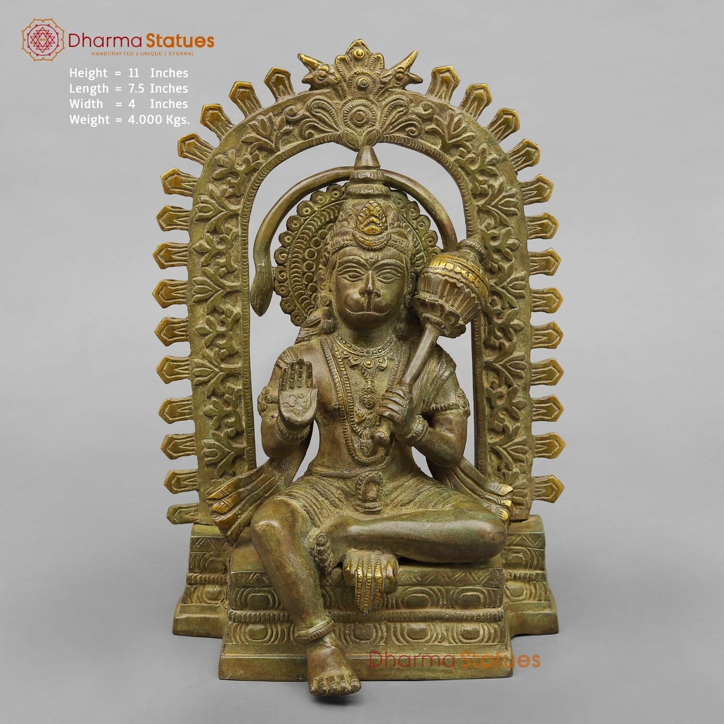 Brass Hanuman ji Seated With arch Fine, Green antique Finish 10.5”