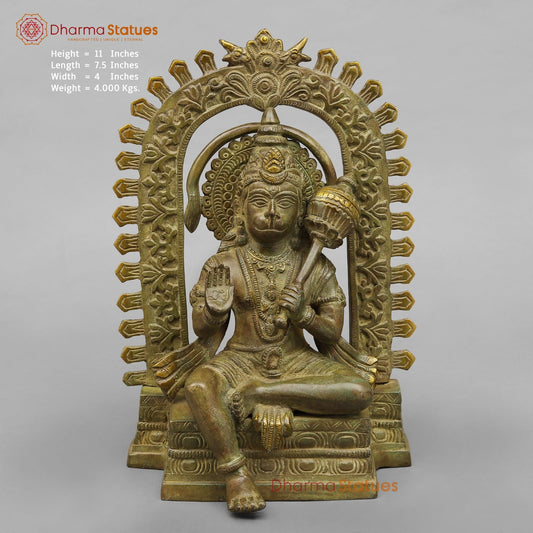 Brass Hanuman ji Seated With arch Fine, Green antique Finish 10.5”