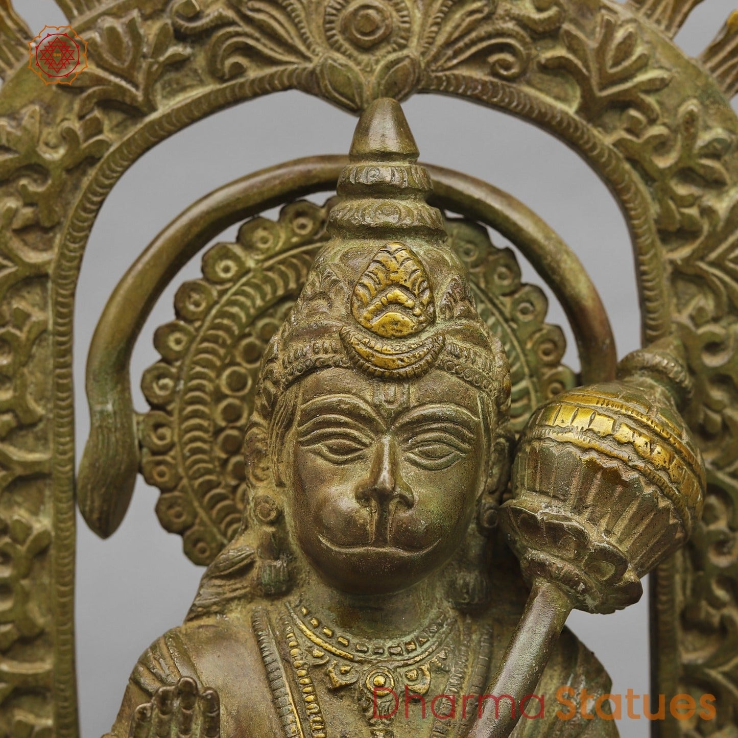Brass Hanuman ji Seated With arch Fine, Green antique Finish 10.5”