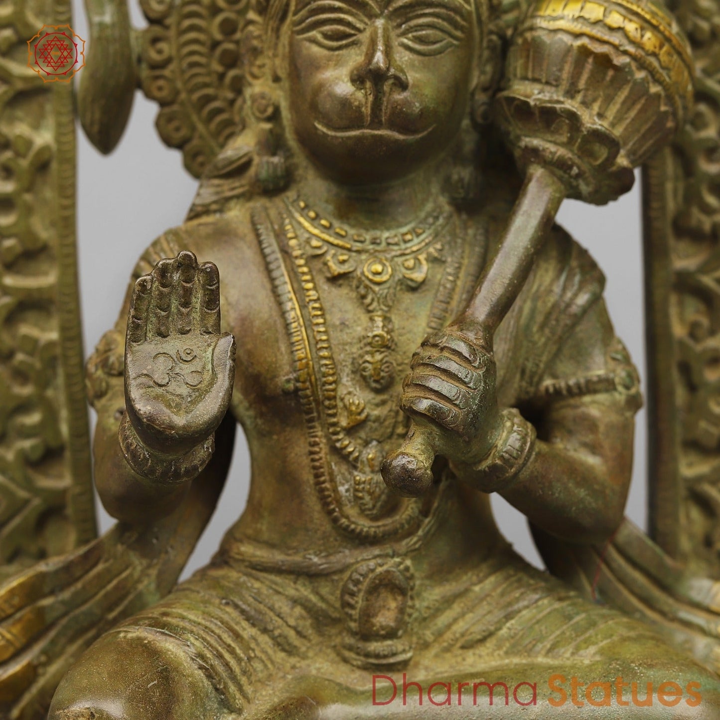 Brass Hanuman ji Seated With arch Fine, Green antique Finish 10.5”
