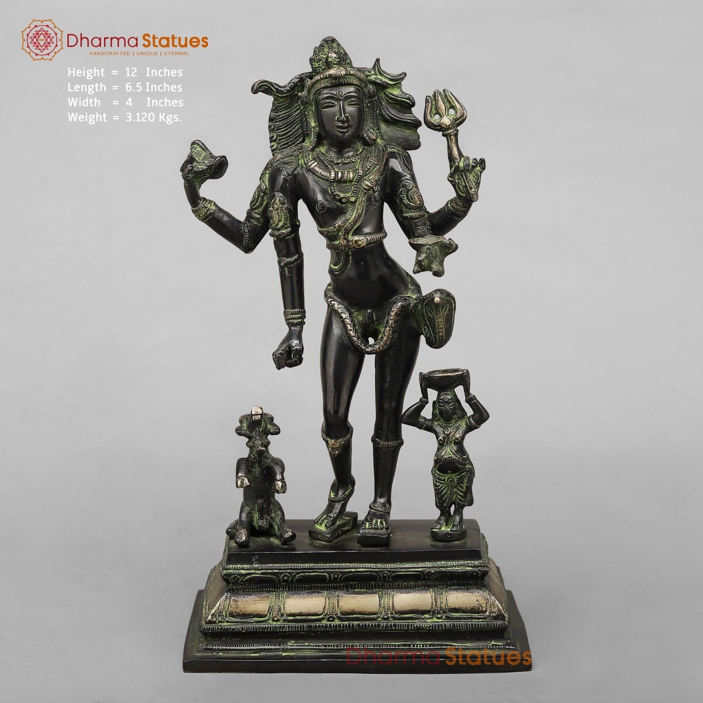 Brass Kaal Bhairo Shiva Standing Fine, Black antique Finish 12”