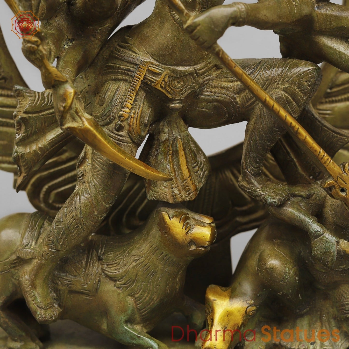 Brass Mahishasur Durga With Frame, Green Patina Finish 12.5”