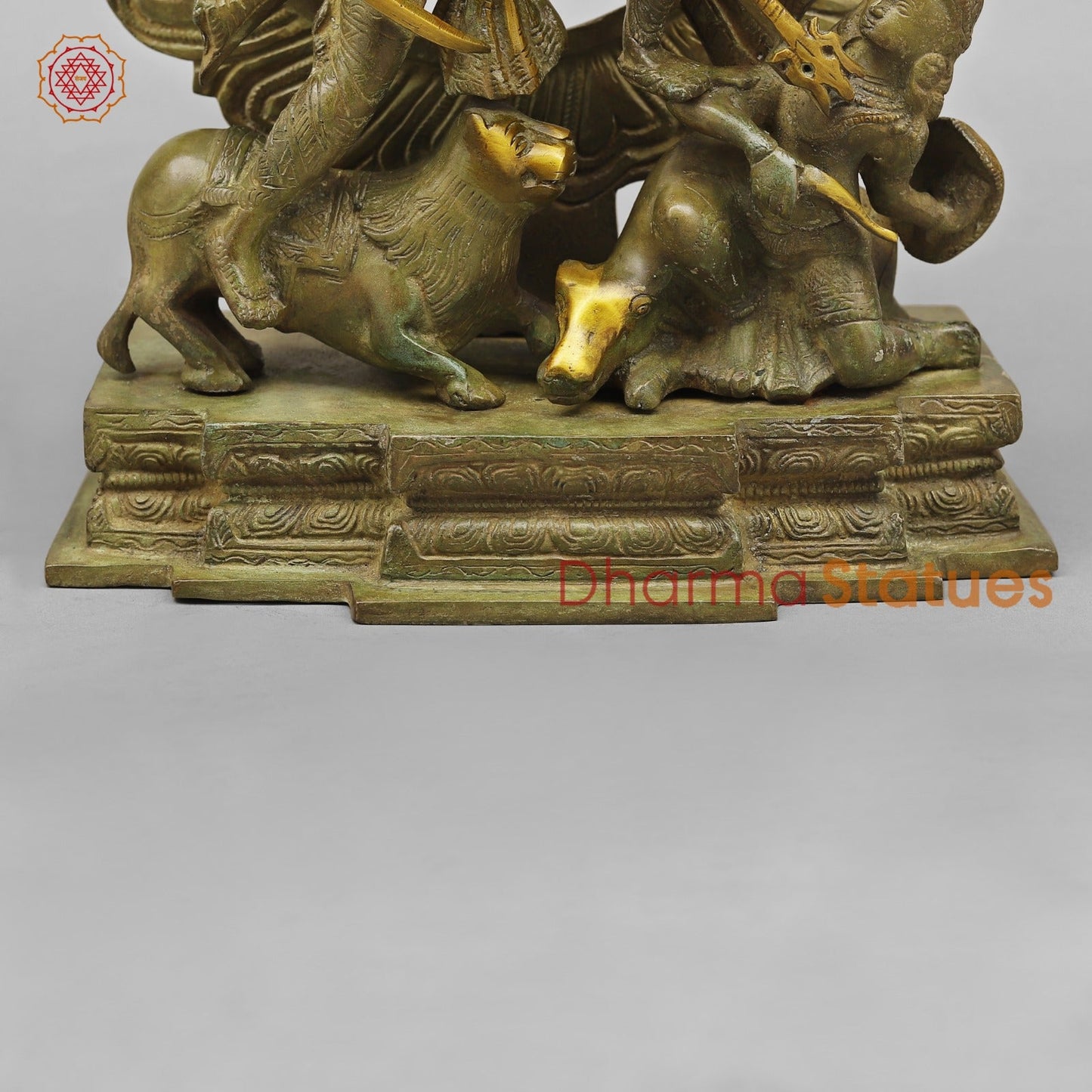 Brass Mahishasur Durga With Frame, Green Patina Finish 12.5”