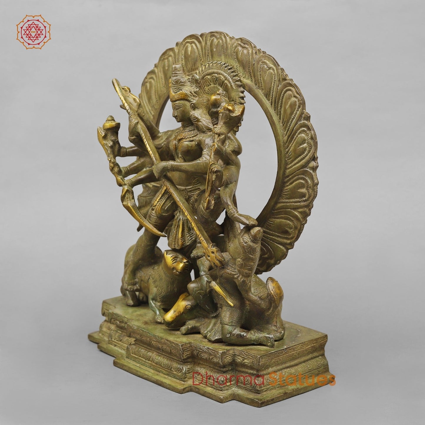 Brass Mahishasur Durga With Frame, Green Patina Finish 12.5”
