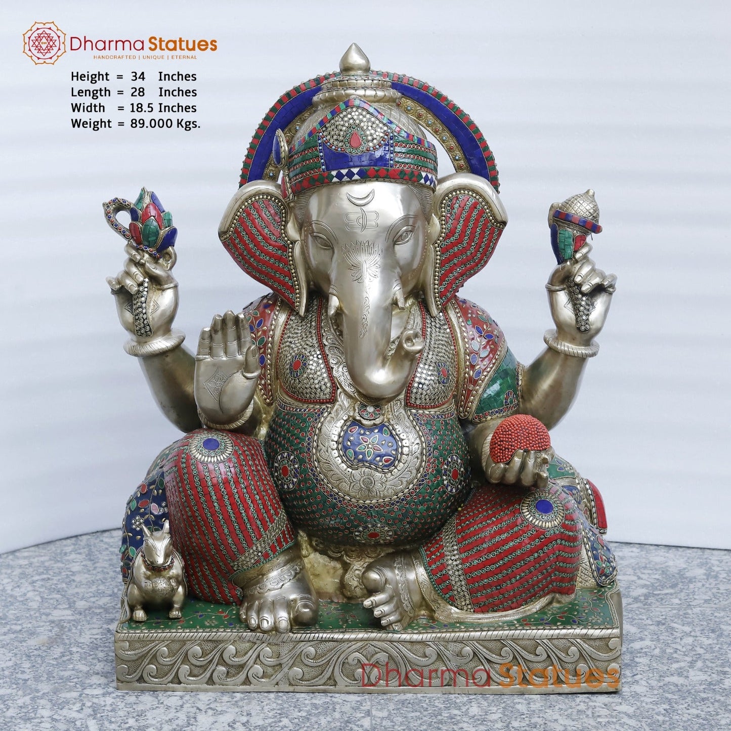 Brass Ganesh Seated Fine , Stone Work 34”