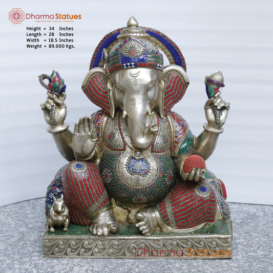 Brass Ganesh Seated Fine , Stone Work 34”