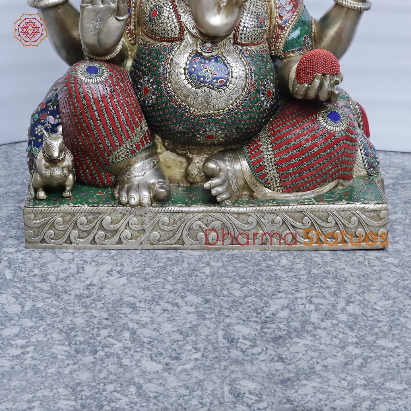 Brass Ganesh Seated Fine , Stone Work 34”
