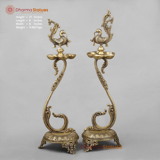 Brass South Indian Peacock Lamps Fine, Smooth Finish 27” (Set of 2 pcs)