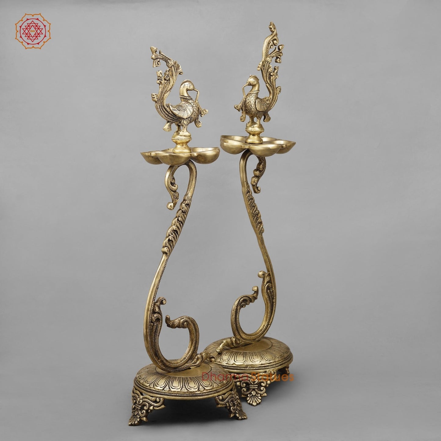 Brass South Indian Peacock Lamps Fine, Smooth Finish 27” (Set of 2 pcs)