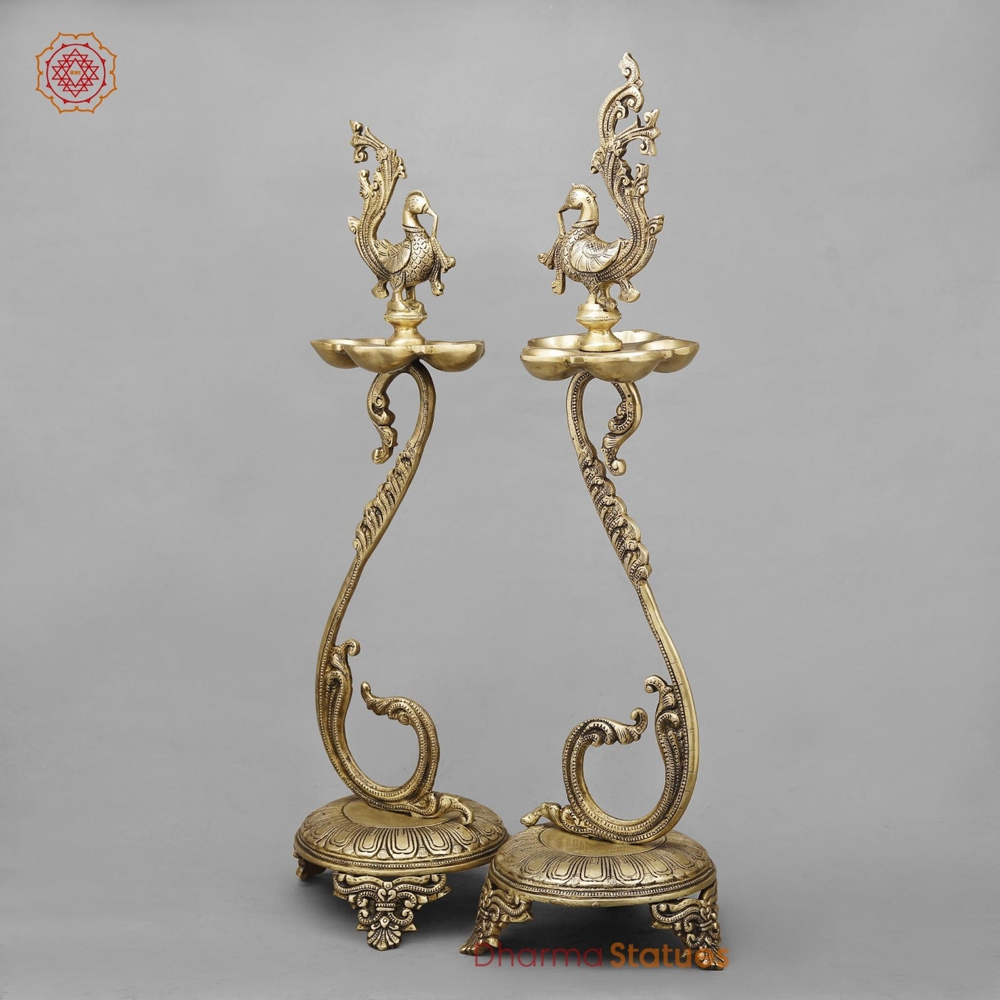 Brass South Indian Peacock Lamps Fine, Smooth Finish 27” (Set of 2 pcs)