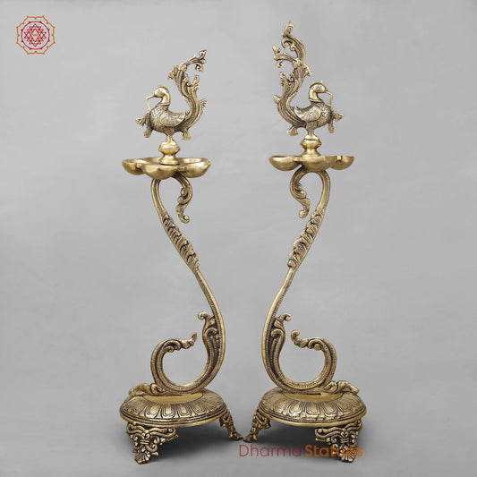 Brass South Indian Peacock Lamps Fine, Smooth Finish 27” (Set of 2 pcs)