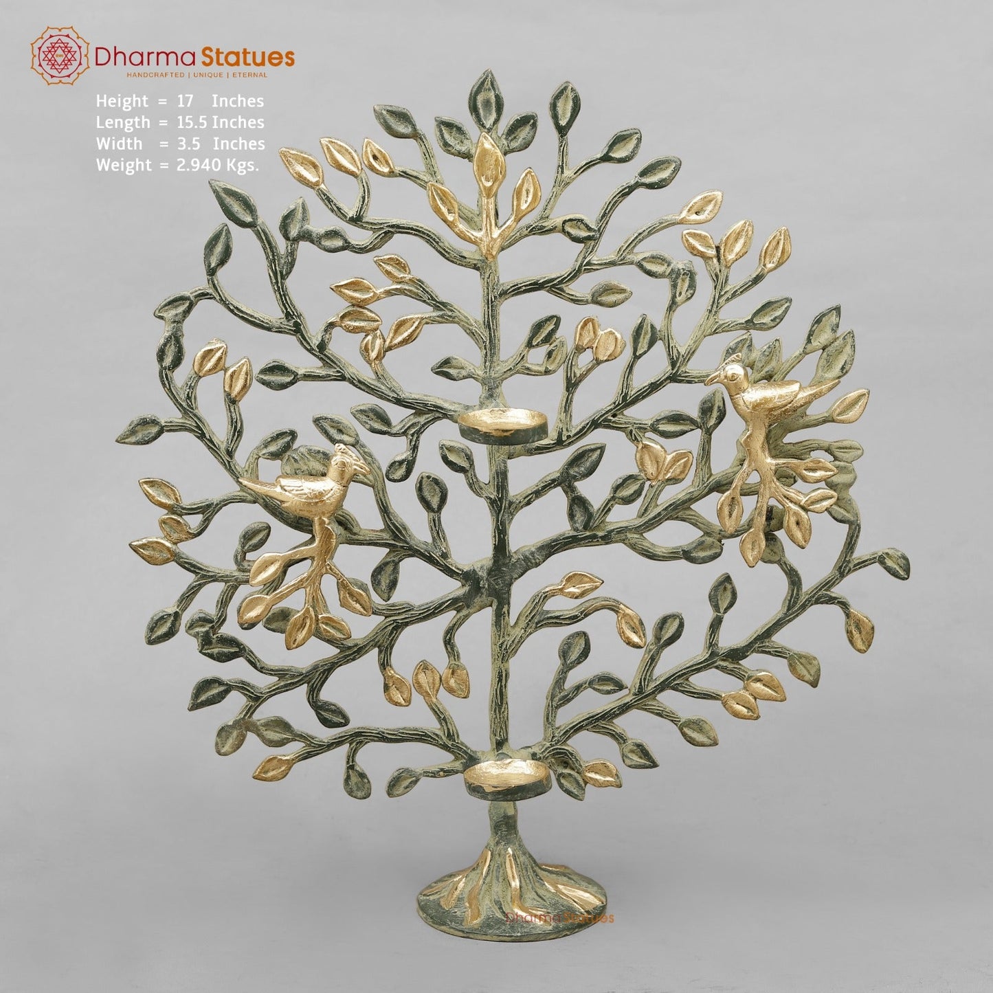 Brass Tree With Tea Lite Holder Fine, Green Gold Finish 17”
