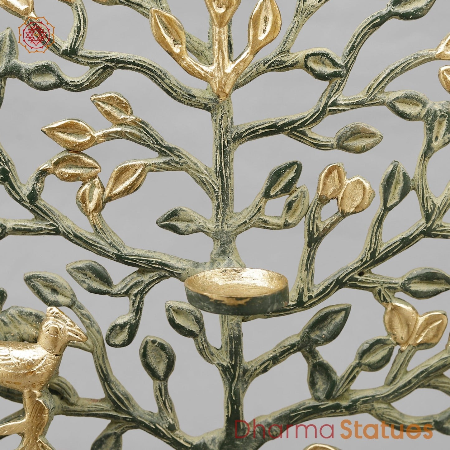 Brass Tree With Tea Lite Holder Fine, Green Gold Finish 17”