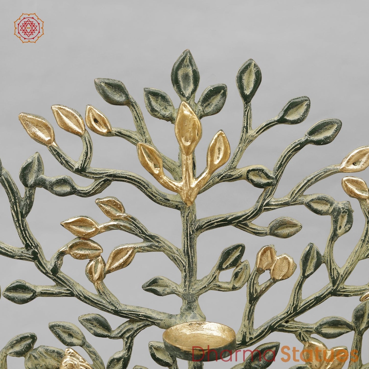 Brass Tree With Tea Lite Holder Fine, Green Gold Finish 17”