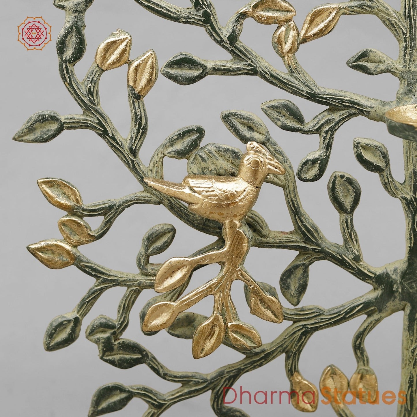 Brass Tree With Tea Lite Holder Fine, Green Gold Finish 17”