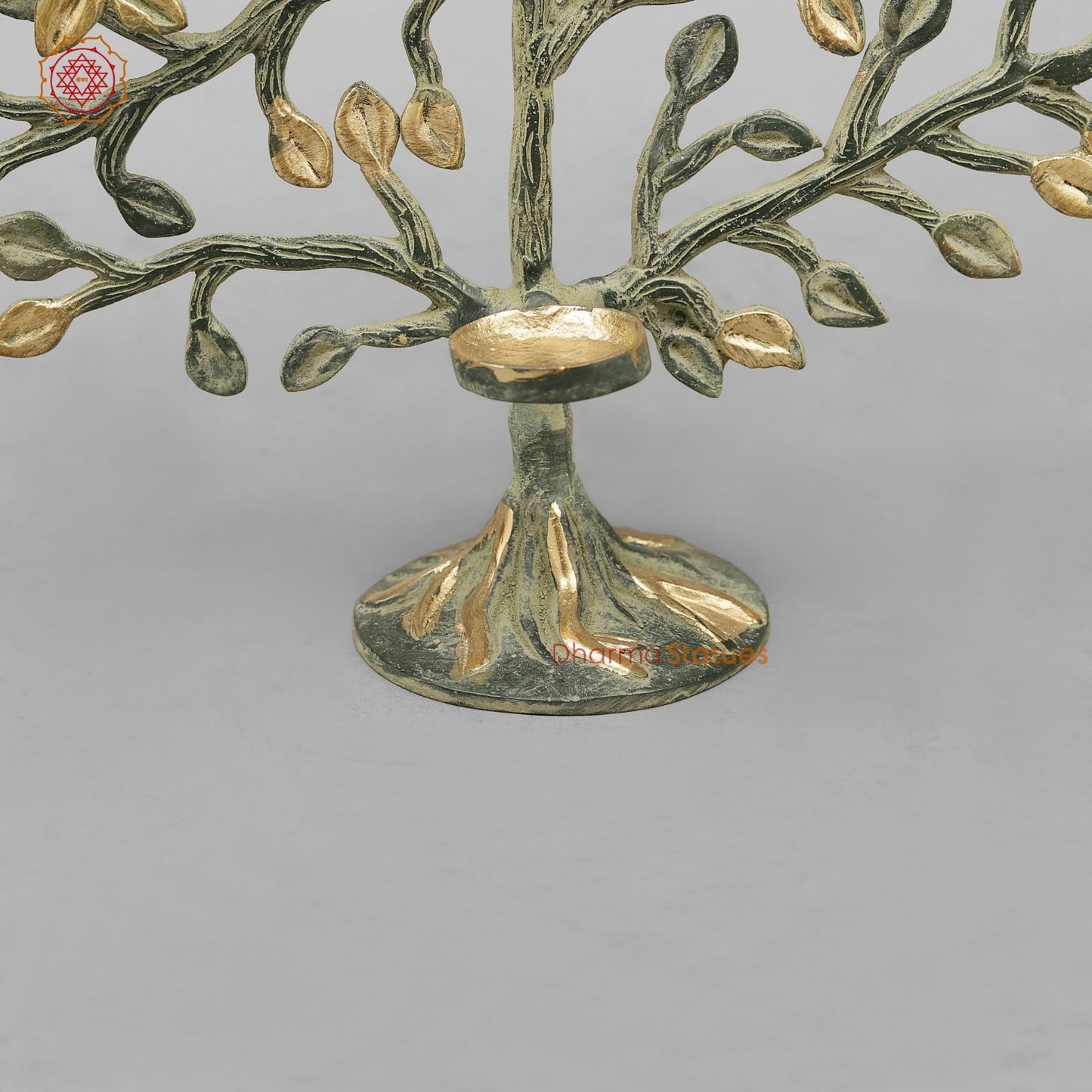 Brass Tree With Tea Lite Holder Fine, Green Gold Finish 17”