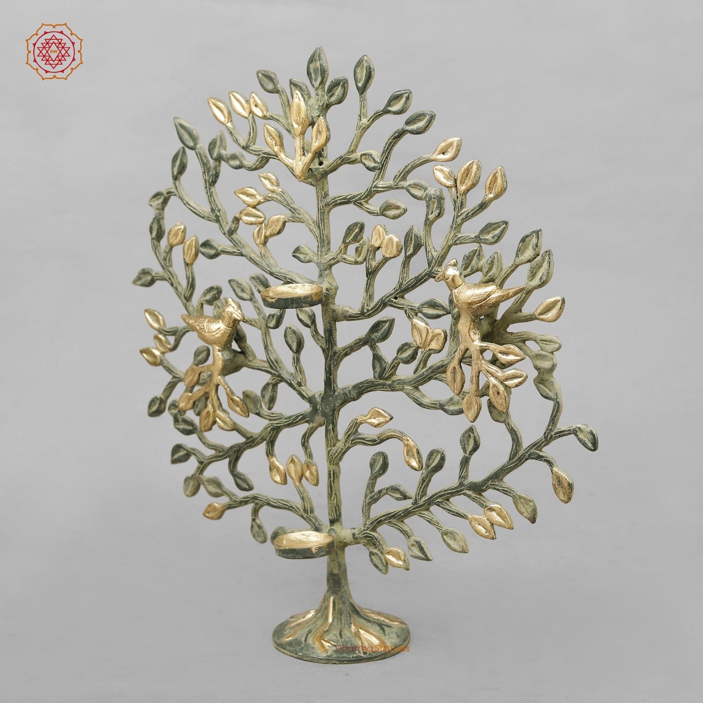 Brass Tree With Tea Lite Holder Fine, Green Gold Finish 17”