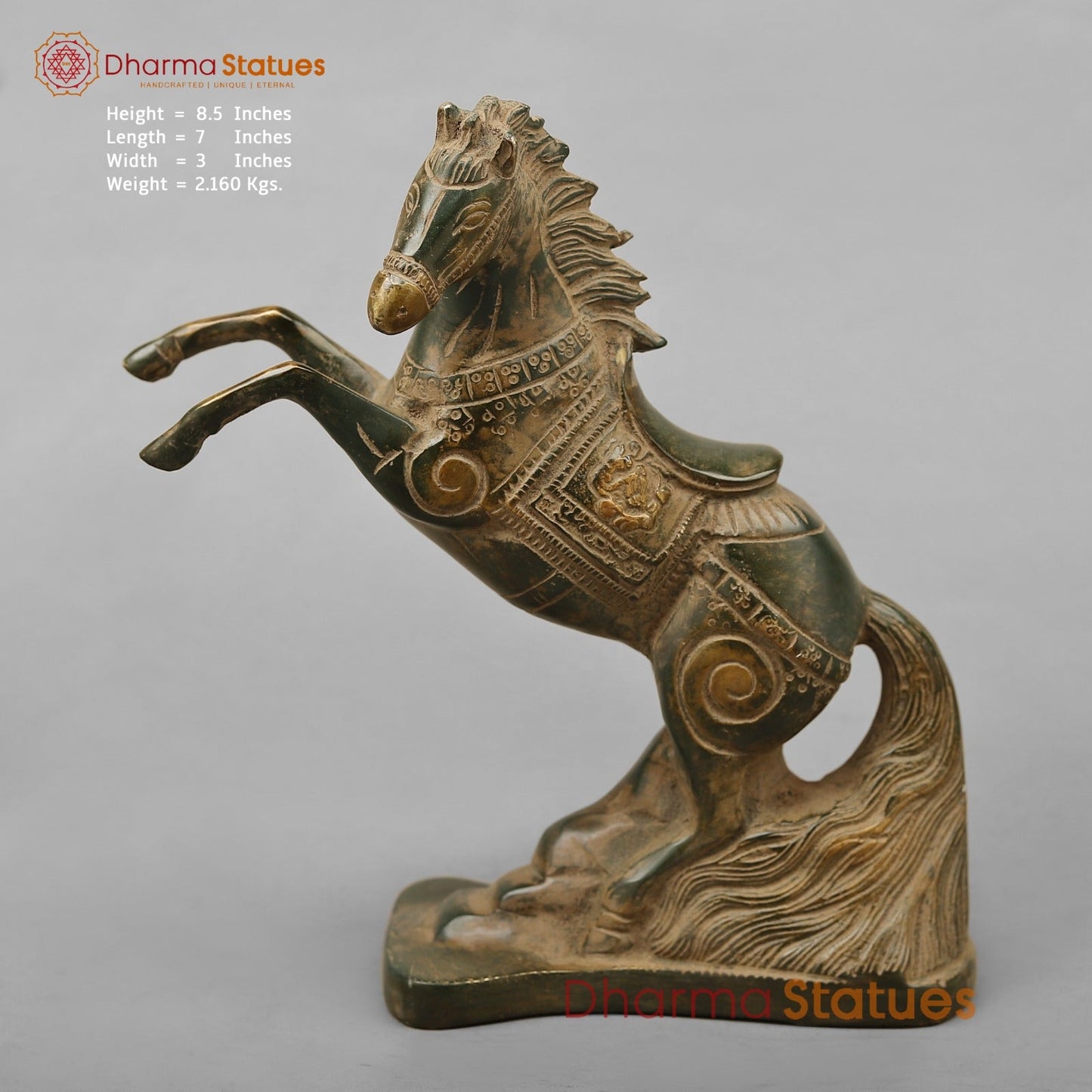 Brass Horse Jumping Showpiece, Green Antique finish 8.5”