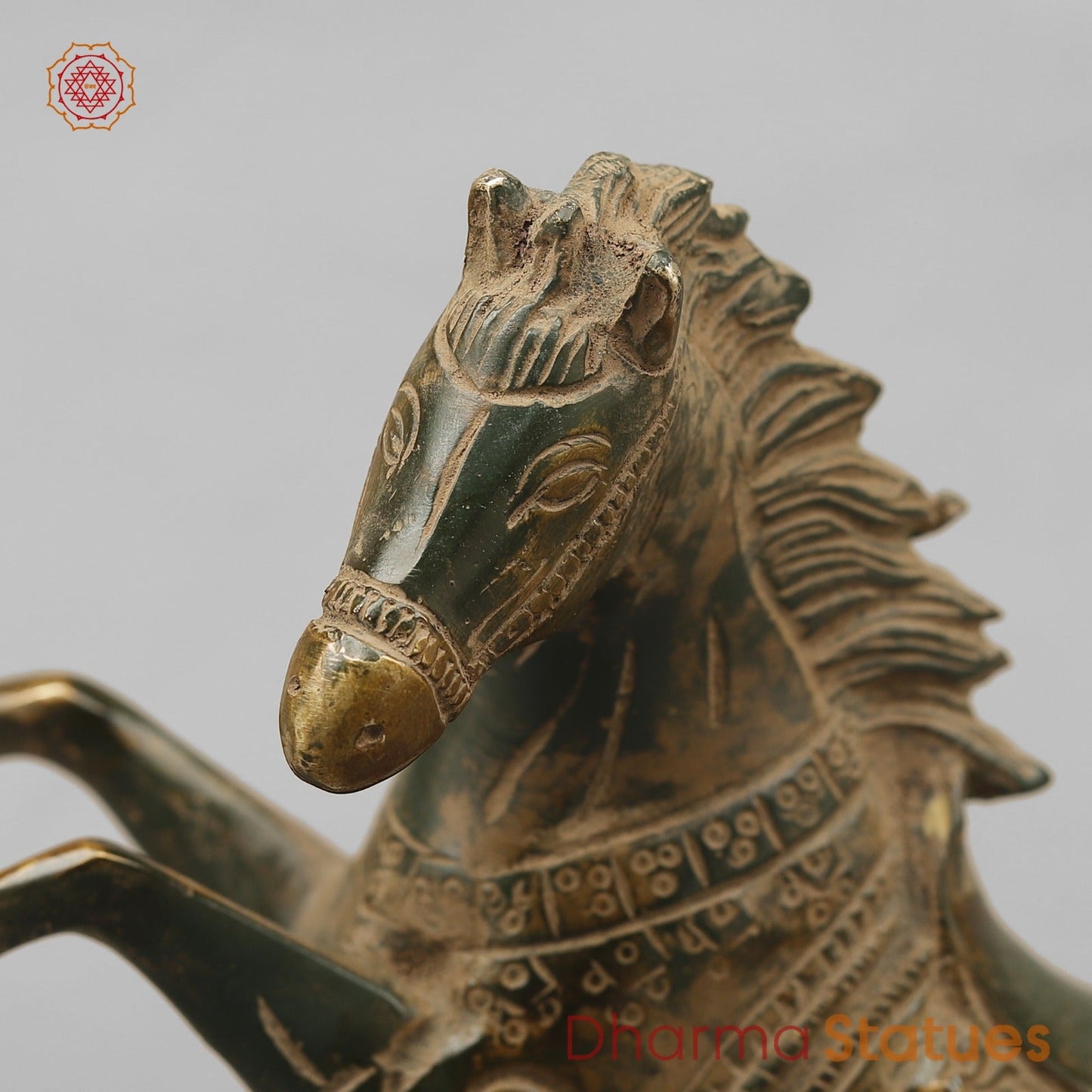 Brass Horse Jumping Showpiece, Green Antique finish 8.5”