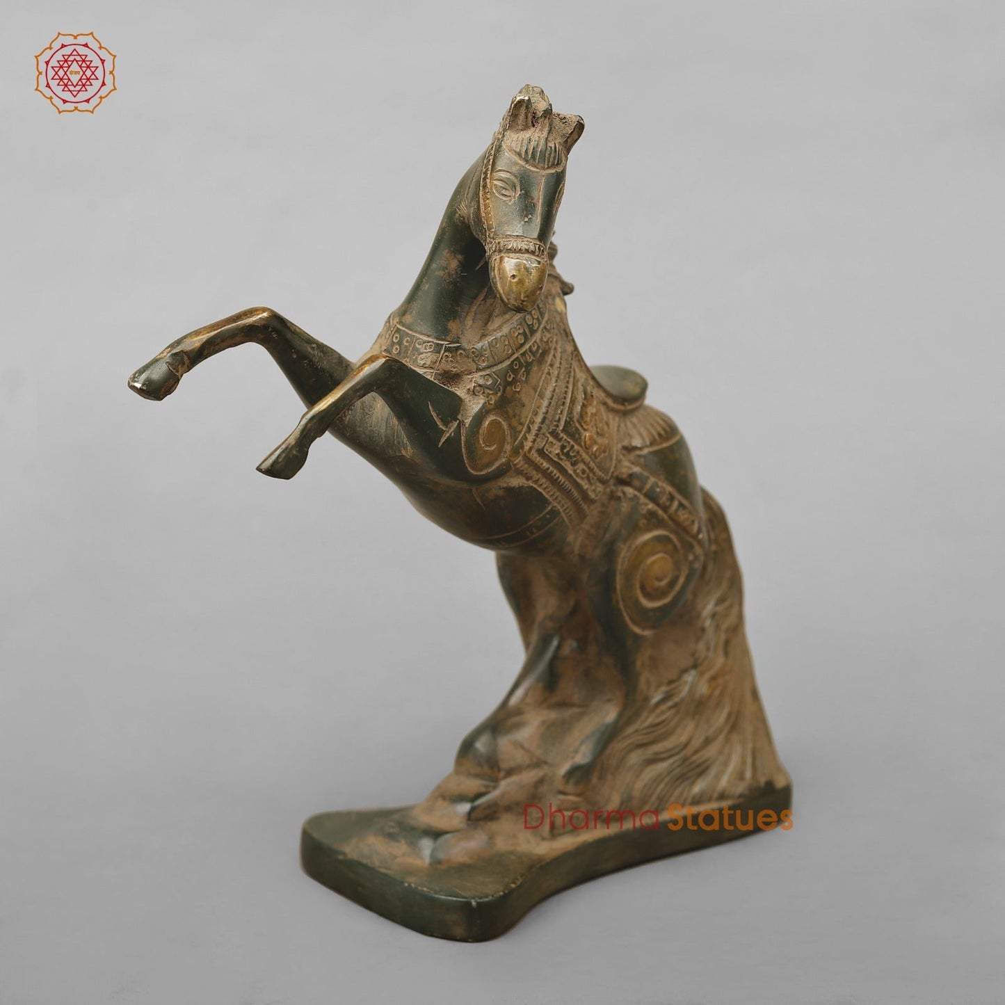 Brass Horse Jumping Showpiece, Green Antique finish 8.5”