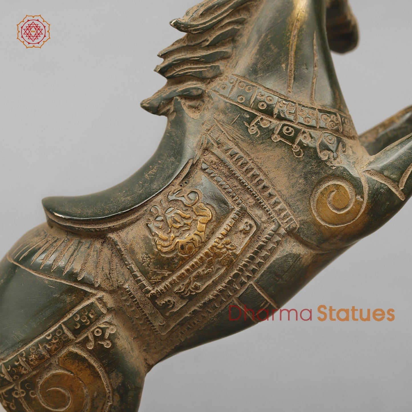 Brass Horse Jumping Showpiece, Green Antique finish 8.5”