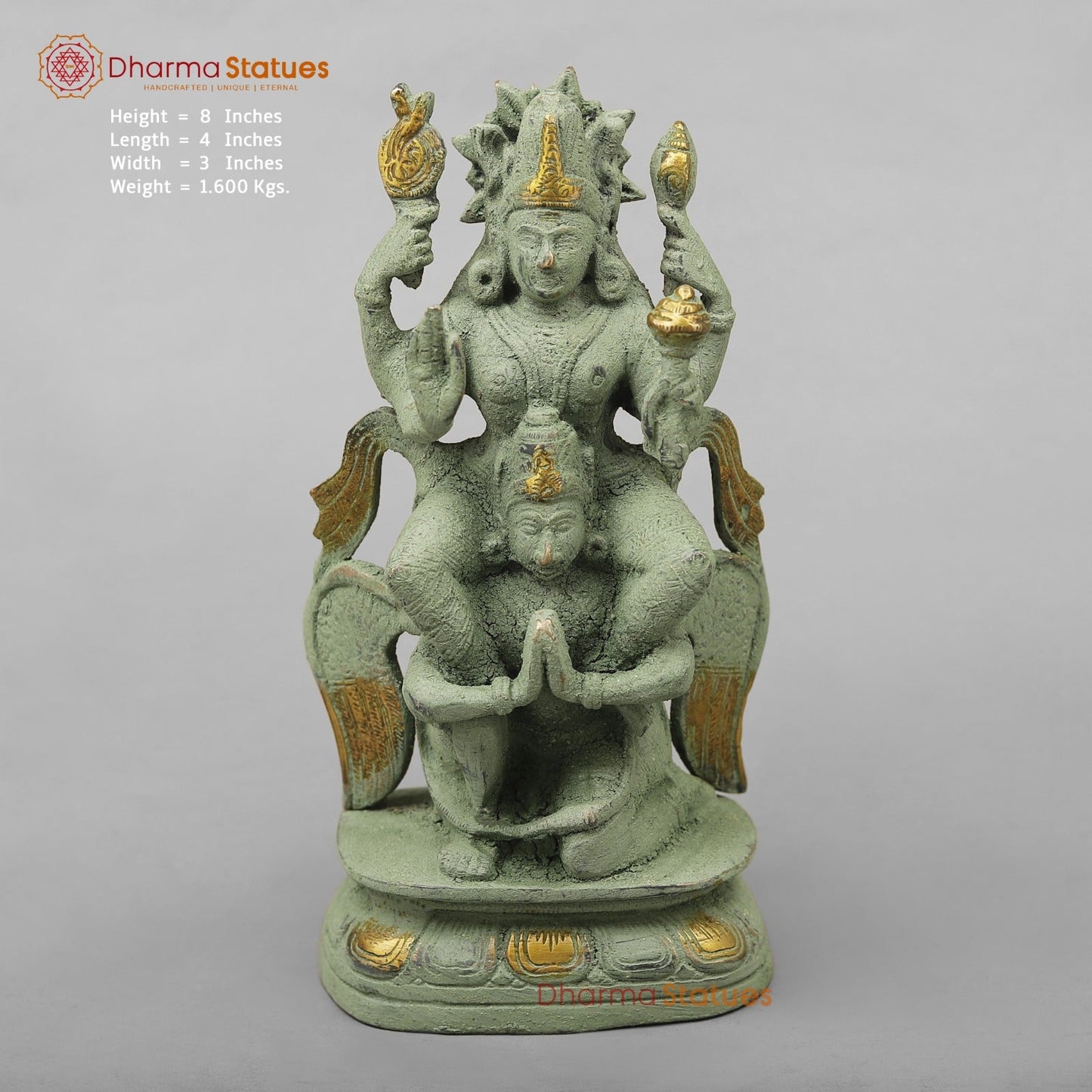 Brass Vishnu Garuda, Green Antique Finish 8”