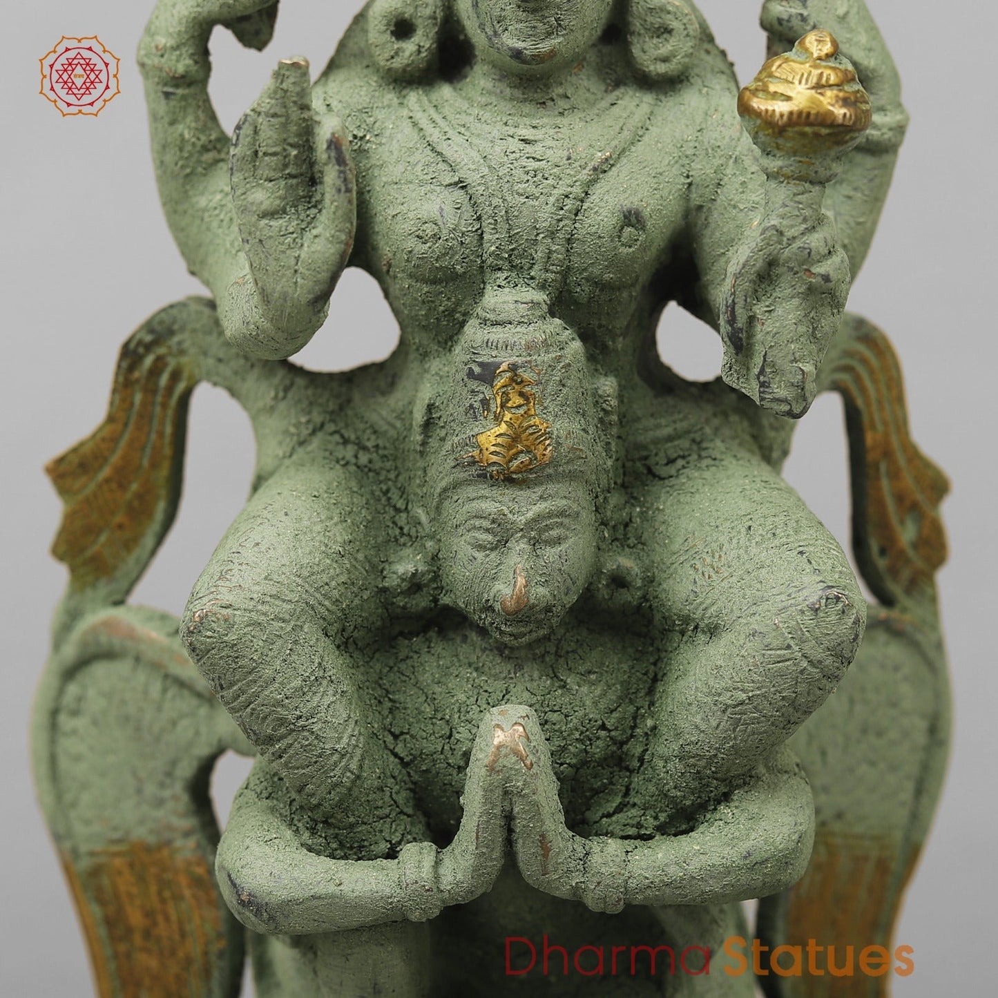 Brass Vishnu Garuda, Green Antique Finish 8”