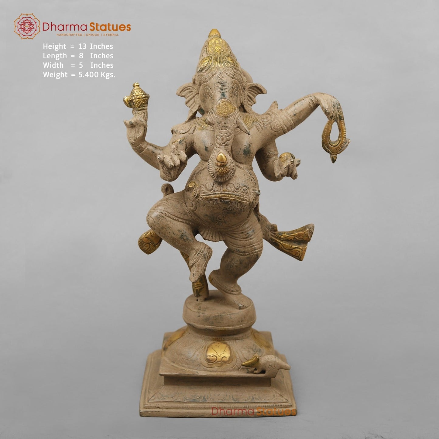 Brass Ganesh Dancing with Rat, Antique finish 13”