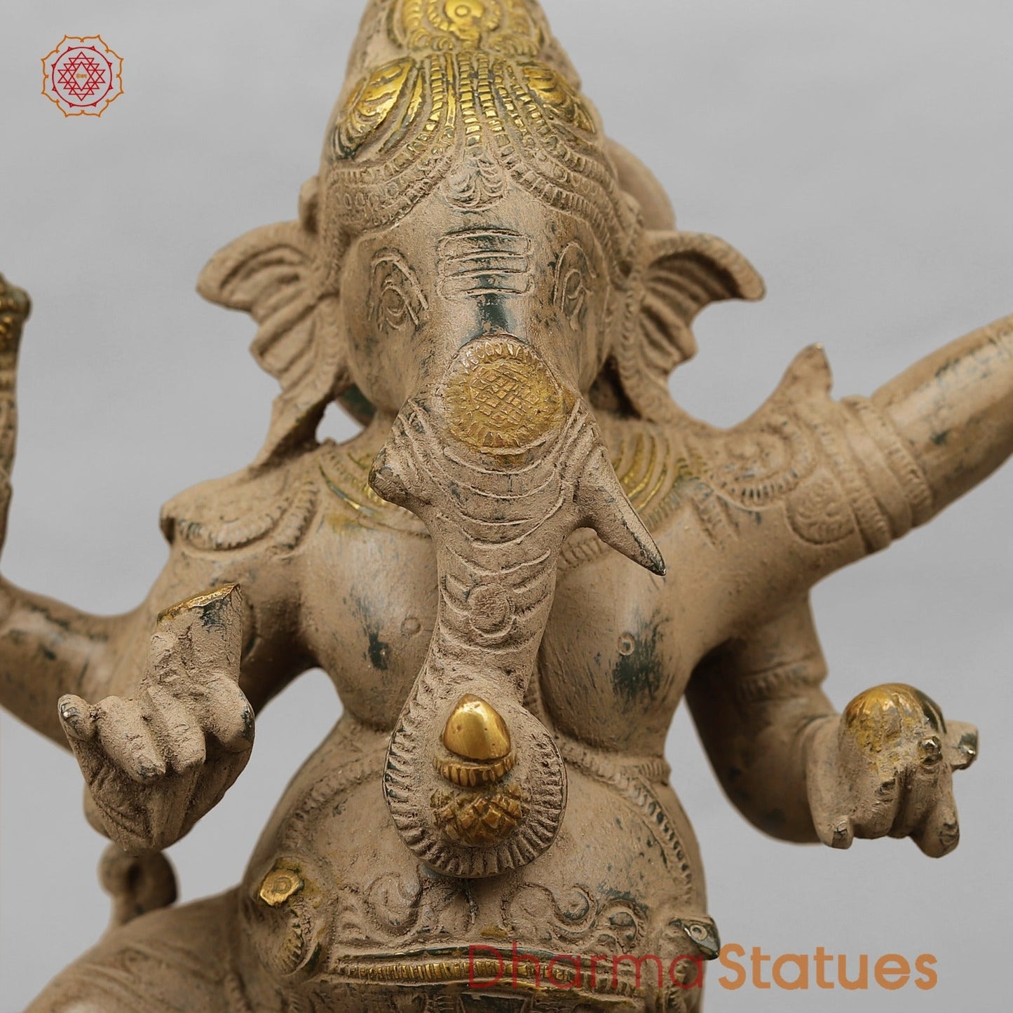 Brass Ganesh Dancing with Rat, Antique finish 13”