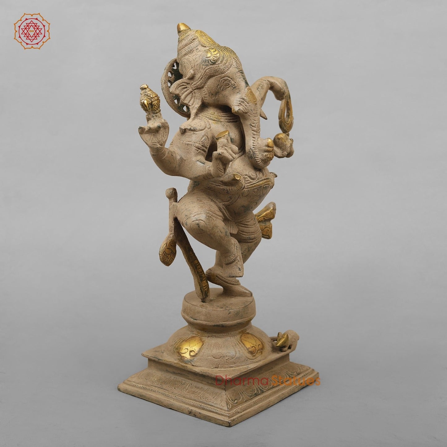 Brass Ganesh Dancing with Rat, Antique finish 13”