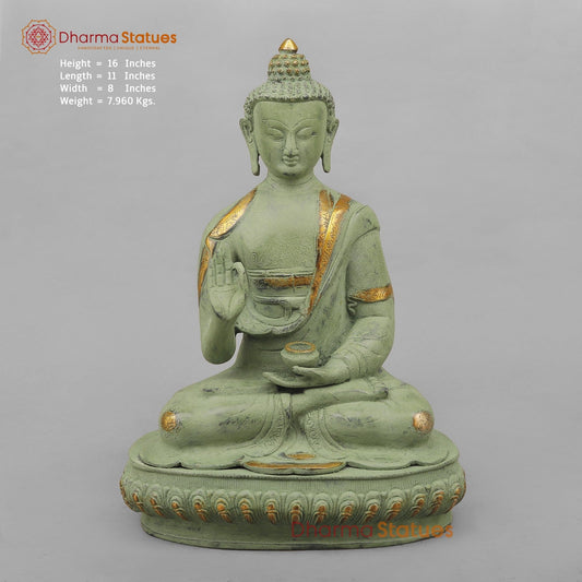 Brass Buddha Seated with Ashtmangal Signs, Green Patina Finish 16”