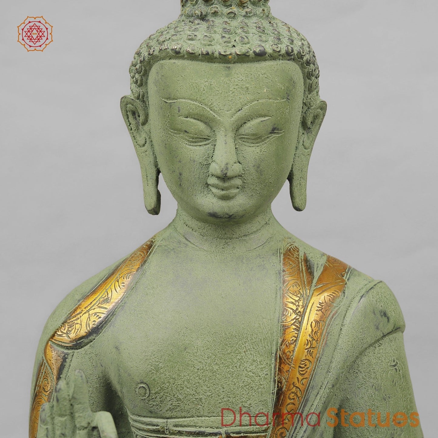 Brass Buddha Seated with Ashtmangal Signs, Green Patina Finish 16”