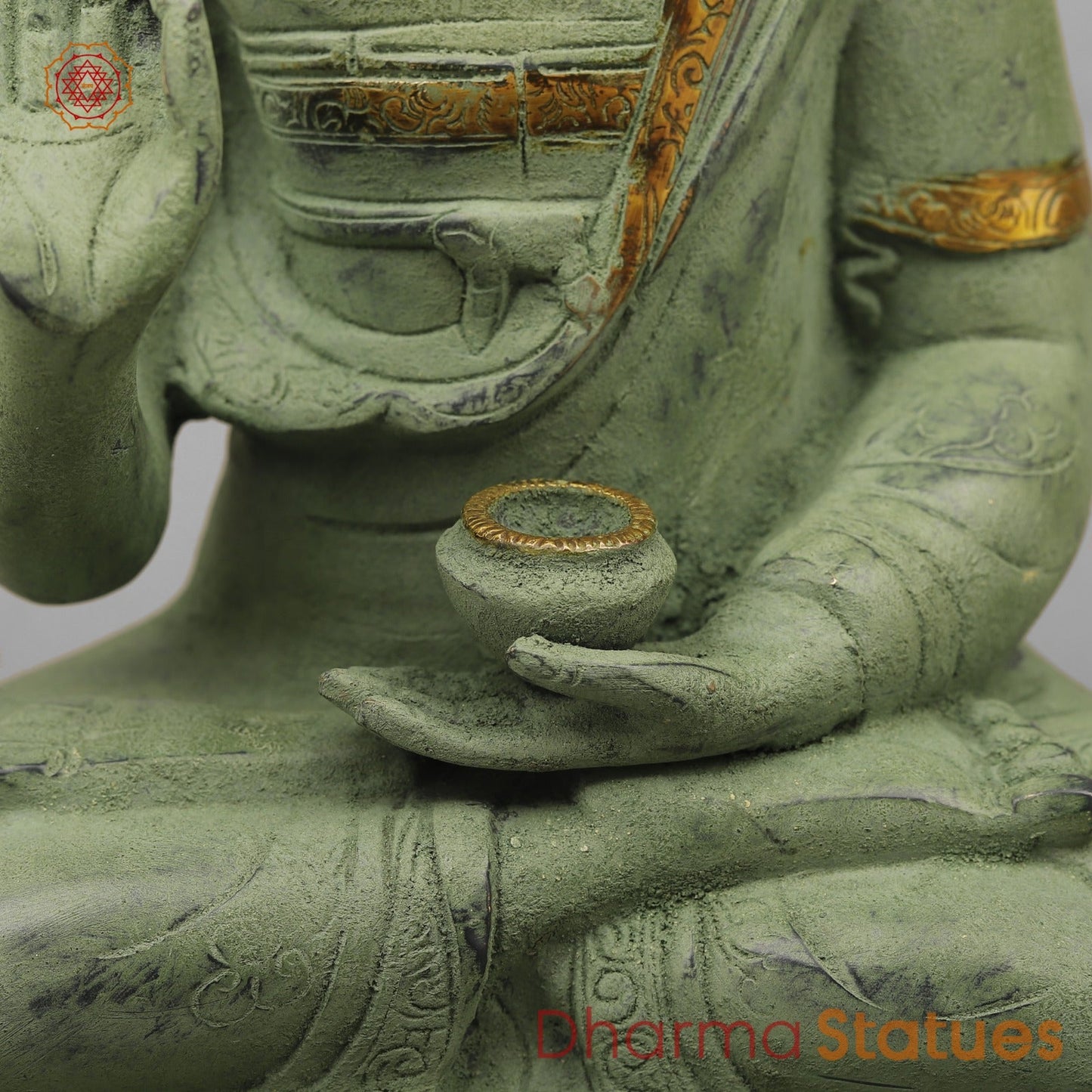 Brass Buddha Seated with Ashtmangal Signs, Green Patina Finish 16”
