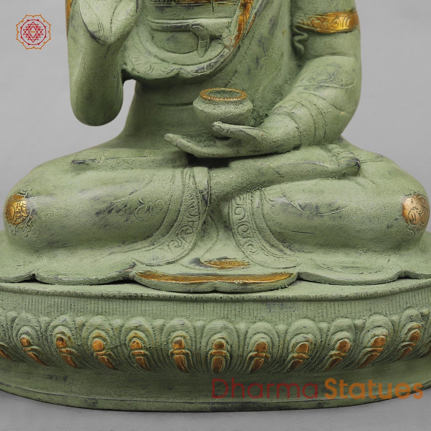 Brass Buddha Seated with Ashtmangal Signs, Green Patina Finish 16”