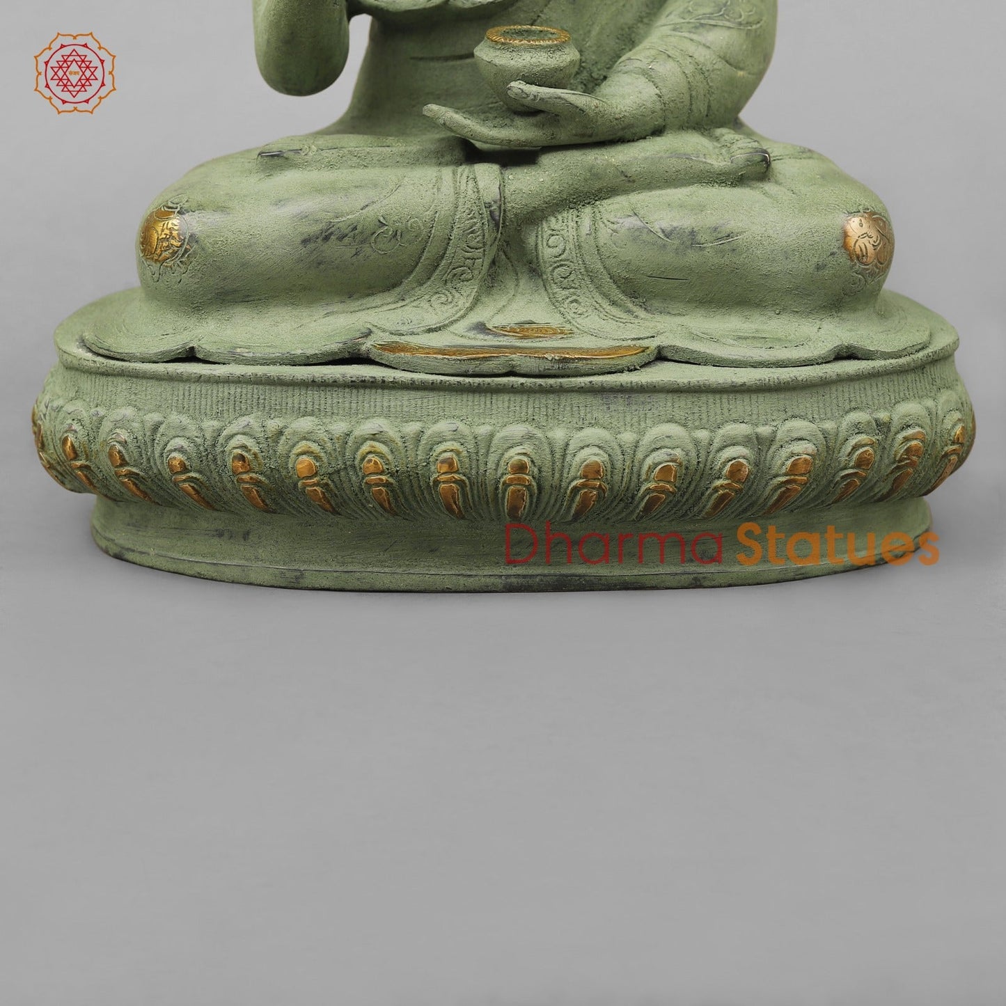 Brass Buddha Seated with Ashtmangal Signs, Green Patina Finish 16”