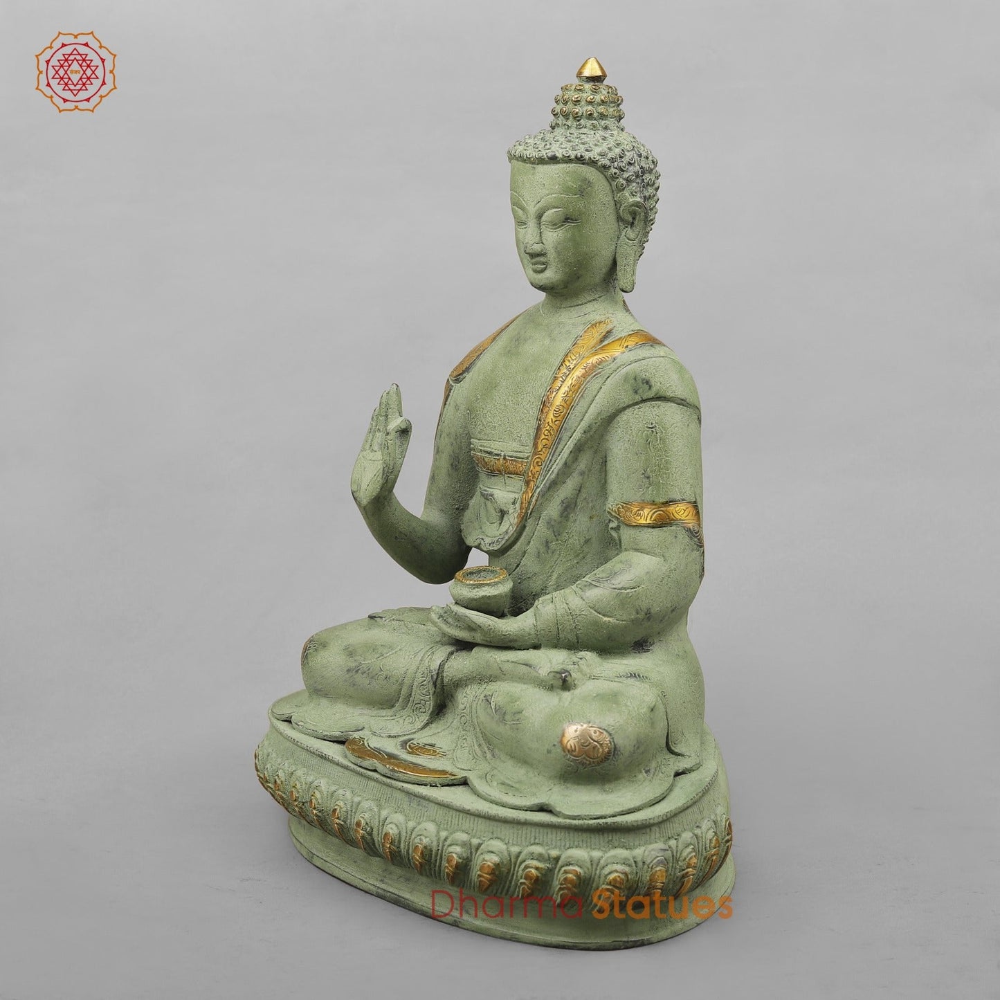 Brass Buddha Seated with Ashtmangal Signs, Green Patina Finish 16”