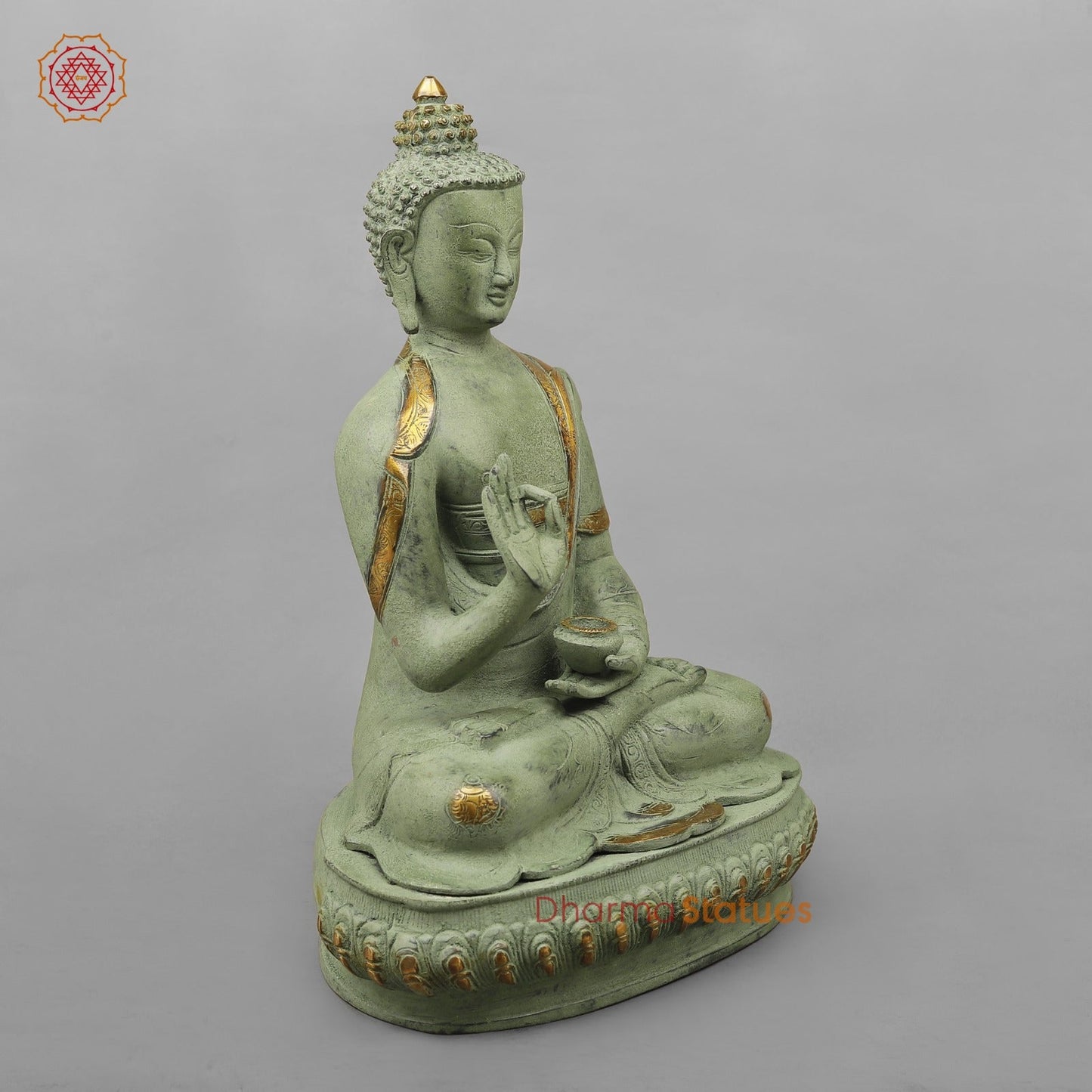 Brass Buddha Seated with Ashtmangal Signs, Green Patina Finish 16”