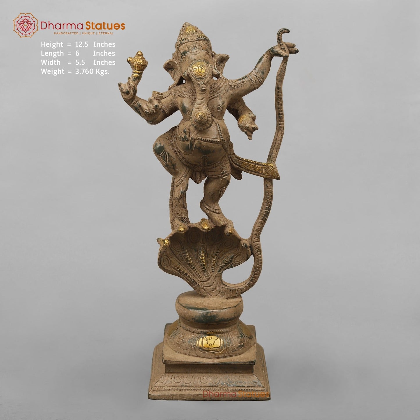 Brass Kalinga Ganesh Dancing, Antique finish 12.5”