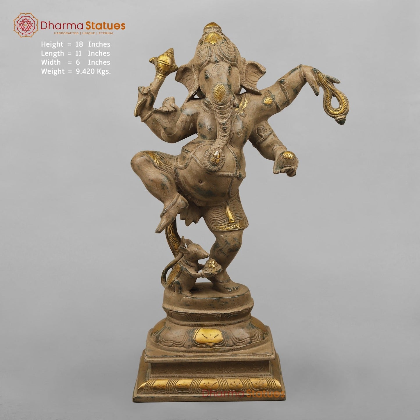 Brass Ganesh Dancing with Rat, Antique finish 18”